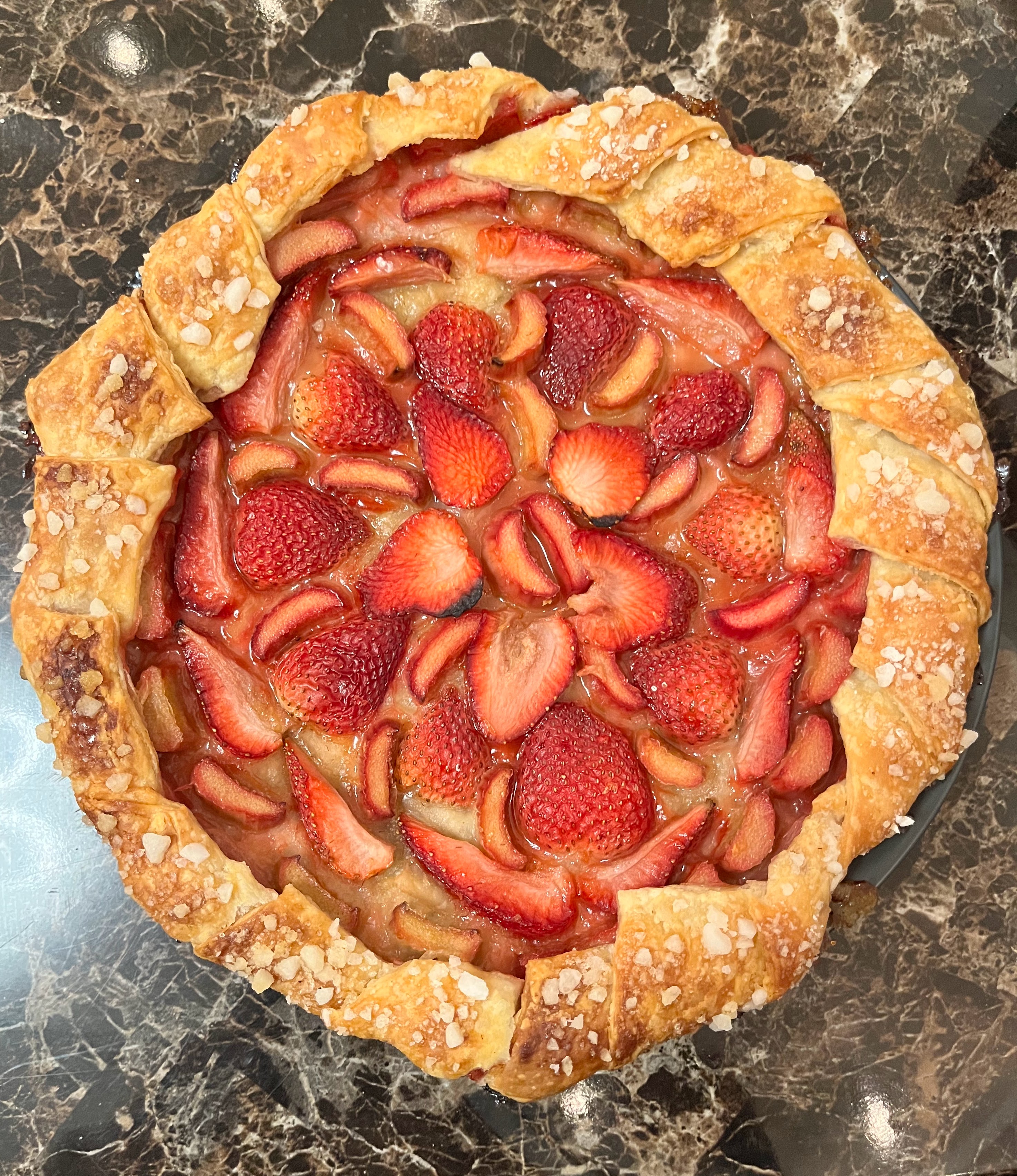 Strawberry-rhubarb galette topped with pearl sugar.